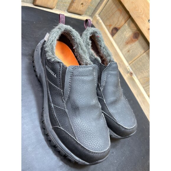 Merrell Womens Black Huckleberry Leather Slip-On Shoes Faux Fur Trim Size 8.5 - Picture 2 of 9